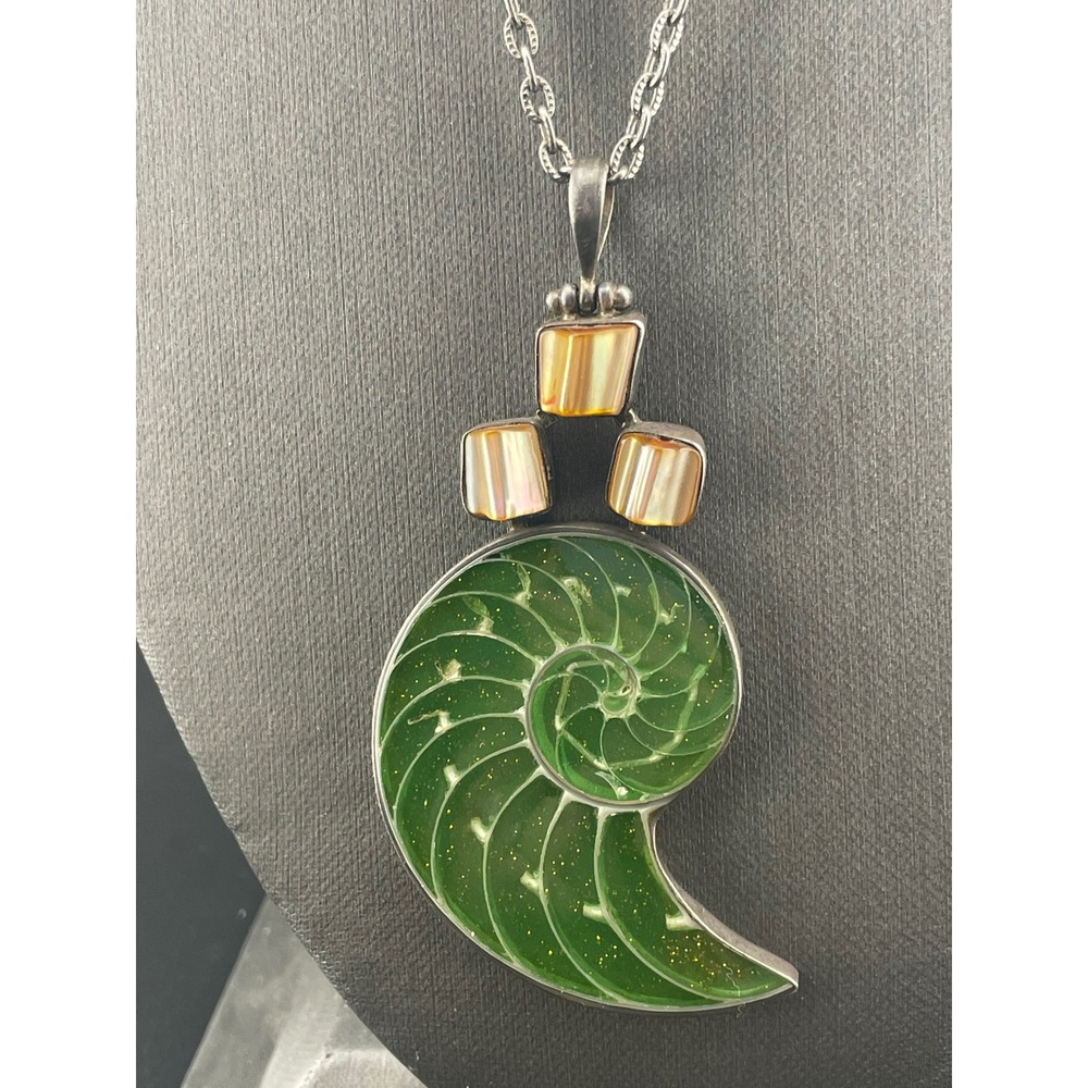 Sterling Nautilus Shell Pendant Studio Artisan Glitter MOP Statement Necklace‎